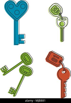 Zimmer key Icon Set, Farbe Umrisse Stil Stock Vektor