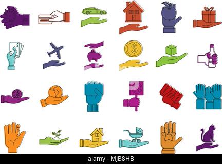 Objekt in der Hand Icon Set, Farbe Umrisse Stil Stock Vektor