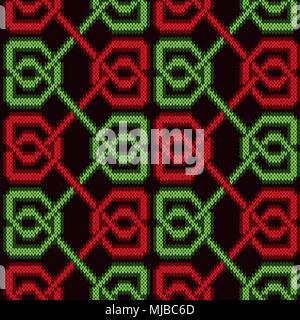Leuchtendes Rot und Grün threads symmetrisch Interlaced auf der dunklen roten Hintergrund, nahtlose Vektor Strickmuster als Stoff Textur Stock Vektor