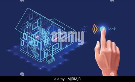 Sicherheit von Smart Home. 3D-Haus plan x-ray. Die Schlösser der Türen und Fenster, die über das Internet mit Smartphone Software. Home Schutz Stock Vektor