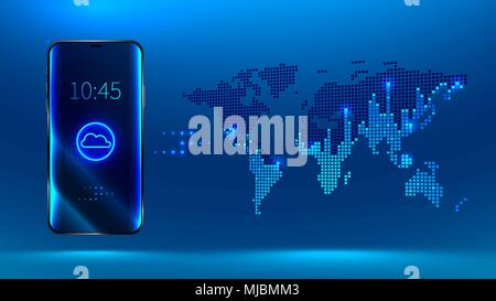 Das Smartphone ist mit ihrer Cloud Storage Daten synchronisiert. Speichern von Daten in der Cloud auf Servern rund um die Welt. Es ist auf eine Ziffer übertragen Stock Vektor