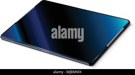 Leere schwarze abstrakte Tablet auf einem weißen Hintergrund. Perspektive betrachten. Realistische Vektor. Die Tablette liegt auf dem Tisch mit einem digitalen Bildschirm nach oben. Stock Vektor