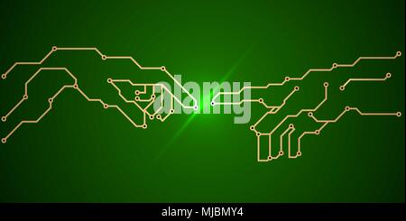 Grüne Platine - pcb, Dirigenten und Kontaktpads in Form der Malerei Geburt von Adam. Kunst, Vektor, Abbildung Stock Vektor
