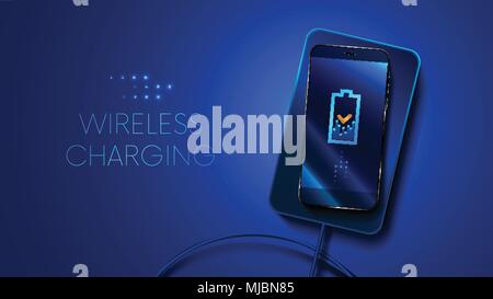 Drahtlose aufladen smart phone auf Blau. Das Batteriesymbol zeigt den Ladevorgang. Das Aufladen des Smartphone. Die Aussicht von oben. Vektor Stock Vektor