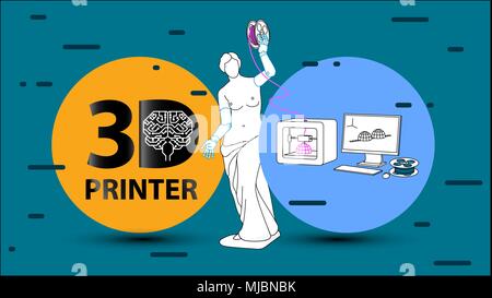 3D-Druck Waffen und Kleidung für Venus De Milo auf 3D-Drucker. Ein Flachbild Vector Illustration über 3-D-Drucken, Drucker, Filament, Modellierung, Prototyp Stock Vektor