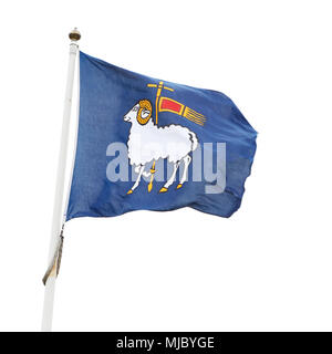 Visby, Schweden - 15. Mai 2016: Die Flagge mit dem Wappen der schwedischen Provinz Gotland. Stockfoto