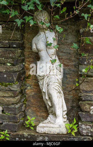 Garten Ornamente wie griechische Statuen langsam von Efeu und Clematis wächst in der Frühlingssonne überwuchert wird. Stockfoto