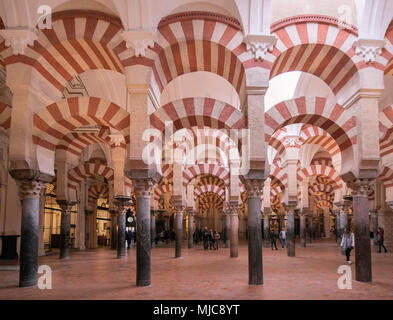 Säulenhalle mit Bögen im maurischen Stil, Gebet Halle der ehemaligen Moschee, Mezquita-Catedral de Cordoba oder die Kathedrale der Konzeption unserer Stockfoto