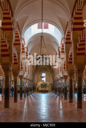 Säulenhalle mit Bögen im maurischen Stil, Gebet Halle der ehemaligen Moschee, Mezquita-Catedral de Cordoba oder die Kathedrale der Konzeption unserer Stockfoto