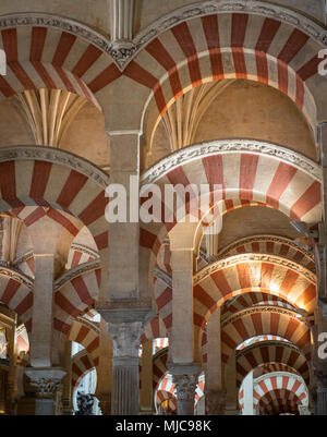 Säulenhalle mit Bögen im maurischen Stil, Gebet Halle der ehemaligen Moschee, Mezquita-Catedral de Cordoba oder die Kathedrale der Konzeption unserer Stockfoto