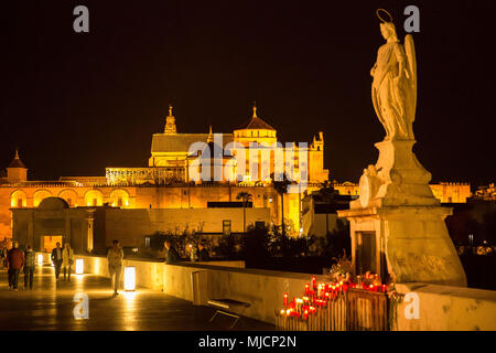 Europa, Spanien, Andalusien, Cordoba, Blick auf die Stadt, Mezquita, Puente Romano, Beleuchtung, Nacht, Stockfoto