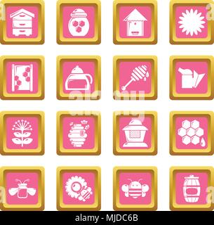 Imkerei Honig Icons Set rosa Quadrat Vektor Stock Vektor