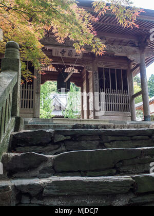 Treppen an die Pforte des Tempels, Sankakuji, 88 Tempel Wallfahrt, Ehime, Shikoku, Japan Stockfoto