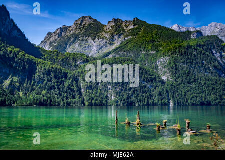 Blick auf den Königssee mit Salet, Nationalpark Berchtesgaden, Bayern, Oberbayern, Deutschland, Europa Stockfoto