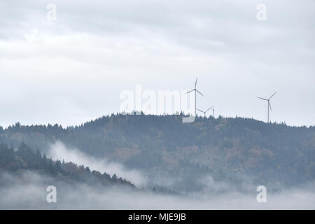 Drei Windkraftanlagen auf einem Berg im Schwarzwald, Wald, Regen und Nebel Stockfoto