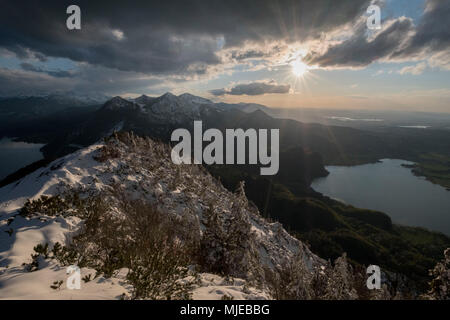 Blick von Jochberg zum Kochelsee Kochel (See) und Herzogstand im Winter bei Sonnenuntergang, Bayerische Alpen, Bayern, Deutschland Stockfoto