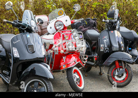 Troon, Ayrshire, UK. 5 Mai, 2018. Über 100 Motorroller, Fahrer und Passagiere nahmen an der jährlichen Schottischen Mod Rally in Troon, einer der größten Mod Besprechungen in Schottland mit Roller aus dem ganzen Land. Vor der endgültigen üblichen 'Ride Out' durch die Stadt, es wurden Wettbewerbe und Preise für die besten Klassiker, am besten präsentiert und am weitesten gereist, Motorroller, wenn die Besitzer sind stolz auf ihren Vespas präsentieren nehmen und sich in bester Ordnung. Credit: Findlay/Alamy leben Nachrichten Stockfoto