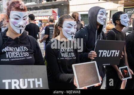 London, UK, 5. Mai 2018, die Demonstranten von Anonymen für die Stimmlosen halten eine 12-stündige statische Ereignis in Leicester Square Grausamkeit gegenüber Tieren in der Lebensmittelkette zu markieren, während Positiv unterstützt eine vegane Lebensweise. Die Demonstranten hielten Schilder lesen Wahrheit und zeigte Aufnahmen auf Laptops in Unterstützung ihrer Ursache. Credit: Adrian Lobby/Alamy leben Nachrichten Stockfoto