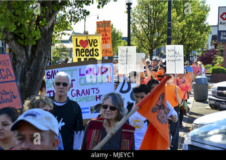 Shelton, Washington, USA. 5 Mai, 2018. 04.05.2018, 4:30 pm, Shelton Washington, erhöhen Mason County, ihre jährlichen Einwanderer rechte März hält. Im März wurde von der Polizei eskortiert Shelton und folgte eine vorab geplante Route von Loop Feld Kneeland Park und auf den Bürgersteigen waren. Über 200 Menschen nahmen an der März und Rallye. Die Rallye war an kneeland Park und einschließlich Lautsprechern, Live-Musik, ein Kinder März und einen Taco Lkw statt. (Shawna Whelan) Credit: Shawna Whelan/Alamy leben Nachrichten Stockfoto