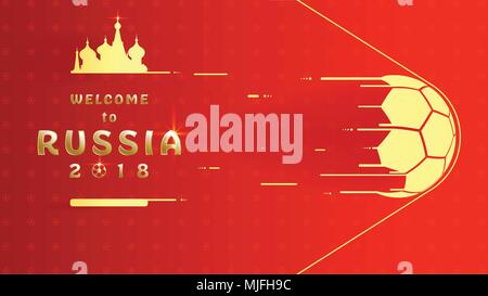 Nach Russland Inschrift Willkommen, text Gold Logo auf rotem Hintergrund. Poster Fußball Vorlage Hintergrund. Stock Vektor