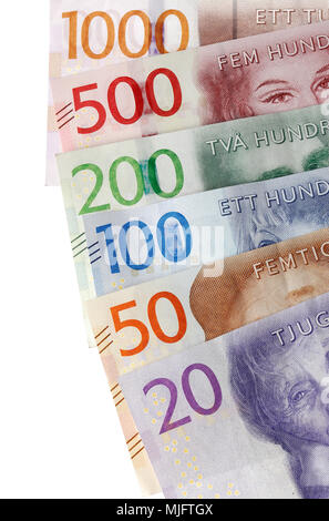 Teile der schwedischen Banknoten aufgefächerten in der Herrschaften von 20, 50, 100, 200, 500 und 1000 Kronen. Stockfoto