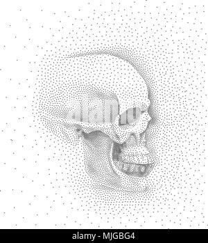 Schädel im Profil auf weißem Hintergrund. Einfache schwarze Punkte auf weißem Hintergrund. Digitale Pointillismus. Dot Bild Stock Vektor