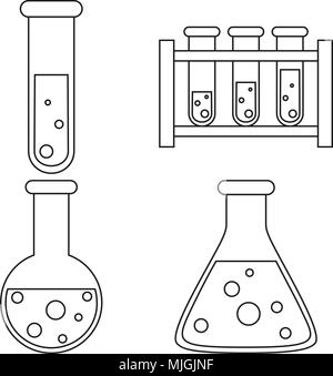 Line Art schwarz und weiß Reagenzglas gesetzt. Medizinisches Labor Vector Illustration für Symbol, Aufkleber, Zeichen, Patch, Zertifikat, Abzeichen, Geschenkkarten, Stempel anmelden Stock Vektor