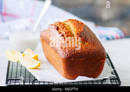 Hausgemachte lemon Poppy seed Pound Cake auf einem Rack. Weißer Stein Hintergrund. Stockfoto