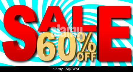 Stock Illustration - Große Goldene Text: 60 Prozent Weg, große, rote Text: Verkauf, Blaue und Weiße Spirale Hintergrund, 3D-Darstellung. Stockfoto