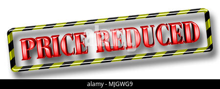 Stock Illustration - Große Metallic Rot Text: Reduzierter Preis, Gelb und Schwarz gestreiften Rahmen und unter einem Winkel, 3D-Darstellung. Stockfoto