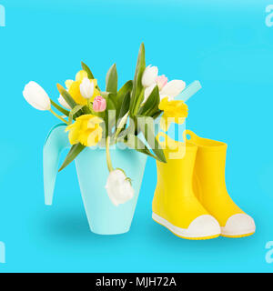 Gelbe Gummistiefel mit einem Blumenstrauß der gelben Narzissen und weiß und rosa Tulpen auf weißem Holztisch auf dem violetten Hintergrund. Garten acc Stockfoto