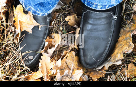 Bequeme Mokassins schwarz auf die Beine einer Frau beim Spaziergang im Wald. Stockfoto
