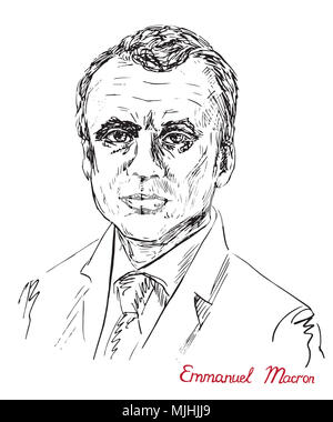 Emmanuel Jean-Michel Frédéric längestrich Gesicht vorne, französischer Politiker als Präsident von Frankreich und von Amts wegen Co-Prince von Andorra, Hand gezeichnet Stockfoto
