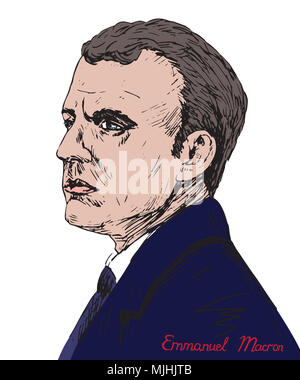 Emmanuel Jean-Michel Frédéric längestrich Gesicht Profil, französischer Politiker als Präsident von Frankreich und von Amts wegen Co-Prince von Andorra, Hand gezeichnet Stockfoto