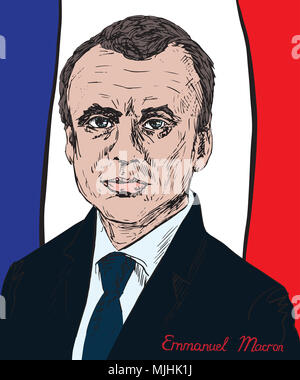 Emmanuel Jean-Michel Frédéric längestrich Gesicht vorne, französischer Politiker als Präsident von Frankreich und von Amts wegen Co-Prince von Andorra, flag Hintergrund Stockfoto