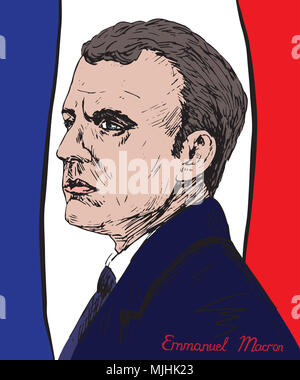 Emmanuel Jean-Michel Frédéric längestrich Gesicht Profil, französischer Politiker, Präsident von Frankreich, ex officio Co-Prince von Andorra, flag Hintergrund Stockfoto