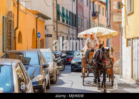 Pisa, Italien - 4. Mai 2018 - Kutscher fahren eine von Pferden gezogene Wagen auf einer schmalen Straße in Pisa Stockfoto