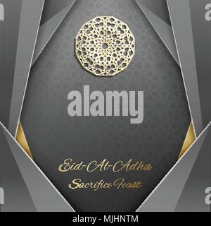 3d-Eid Al Adha Grußkarte, Einladung islamischen Stil. Arabisch Kreis golden Pattern. Gold Ornament auf Schwarz, islamische Broschüre Stock Vektor