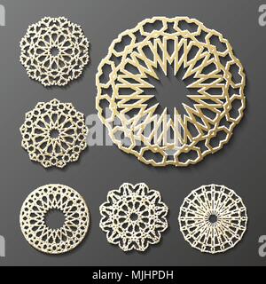 Islamische ornament Vektor, persische motiff. 3d Ramadan runden Muster Elemente. Geometrische logo Vorlage festlegen. Kreisförmige Zierpflanzen arabische Symbole. Stock Vektor