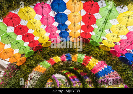 Ein Regenschirm und floralen Picknickschutz am Wunder Gärten in Dubai, Vereinigte Arabische Emirate, Naher Osten. Stockfoto