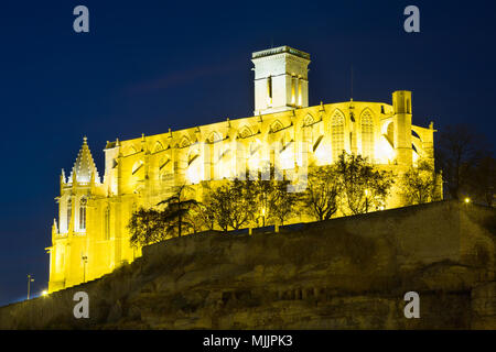 Beleuchtete Basilika Santa Maria de La Seu in der Dämmerung in Manresa Stockfoto