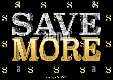 Stock Illustration - Große metallische Text: Sparen Sie mehr, 3D-Illustration, kleine Golden Dollar Währung Zeichen in den schwarzen Hintergrund. Stockfoto