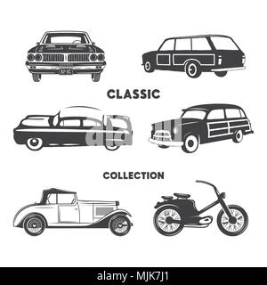 Klassische Autos, Oldtimer, Icons, Symbole gesetzt. Vintage Hand gezeichnet Autos, Muskel, Motorrad Elemente. Verwenden Sie für das Logo, Etiketten, t-shirt Drucken, t-Grafik. Lieferbar Design auf weißem Hintergrund. Stockfoto