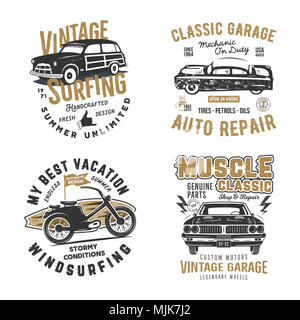 Jahrgang Hand gezeichnet t-Drucke festlegen. Surf Print Design, alten Garage, Auto, Auto Reparatur Embleme Patches. Sommer t shirt drucken Konzepte auf Weiß isoliert. Lieferbar Etiketten. Buchdruck Wirkung Stockfoto