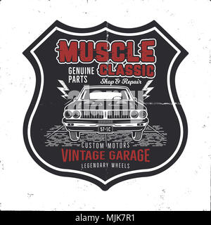 Jahrgang hand Muscle Car t shirt Design gezeichnet. Classic Car Plakat mit Typografie. Retro Style poster Mit grunge Hintergrund. Altes Auto Logo, Emblem Vorlage. Stock, Schirm, Abbildung Stockfoto