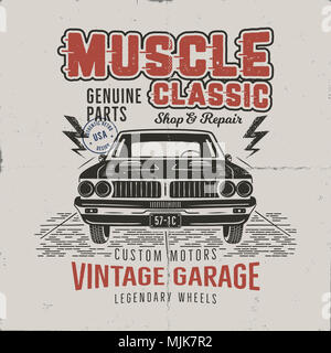 Jahrgang hand Muscle Car t shirt Design gezeichnet. Classic Car Plakat mit Typografie. Retro Style poster Mit grunge Hintergrund. Altes Auto Logo, Emblem Vorlage. Lieferbar Abbildung: Stockfoto