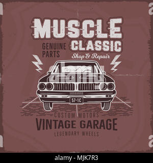 Jahrgang hand Muscle Car t shirt Design gezeichnet. Classic Car Plakat mit Typografie. Retro Style Poster mit roten grunge Hintergrund. Altes Auto Logo, Emblem Vorlage. Lieferbar Abbildung: Stockfoto