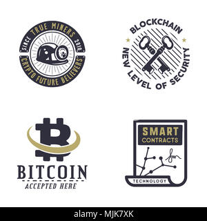 Blockchain, bitcoin, crypto Währungen Embleme und Konzepte. Digitale assets Logos. Jahrgang hand gezeichnete Schwarzweiß-Design. Web Security Abzeichen. Lieferbar Abbildung auf weißem Hintergrund Stockfoto