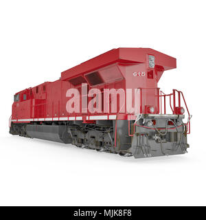 Roter Diesel Lokomotive auf Weiß. Ansicht von hinten. 3D-Illustration, Freistellungspfad Stockfoto