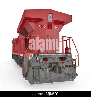 Roter Diesel Lokomotive auf Weiß. Ansicht von hinten. 3D-Illustration, Freistellungspfad Stockfoto